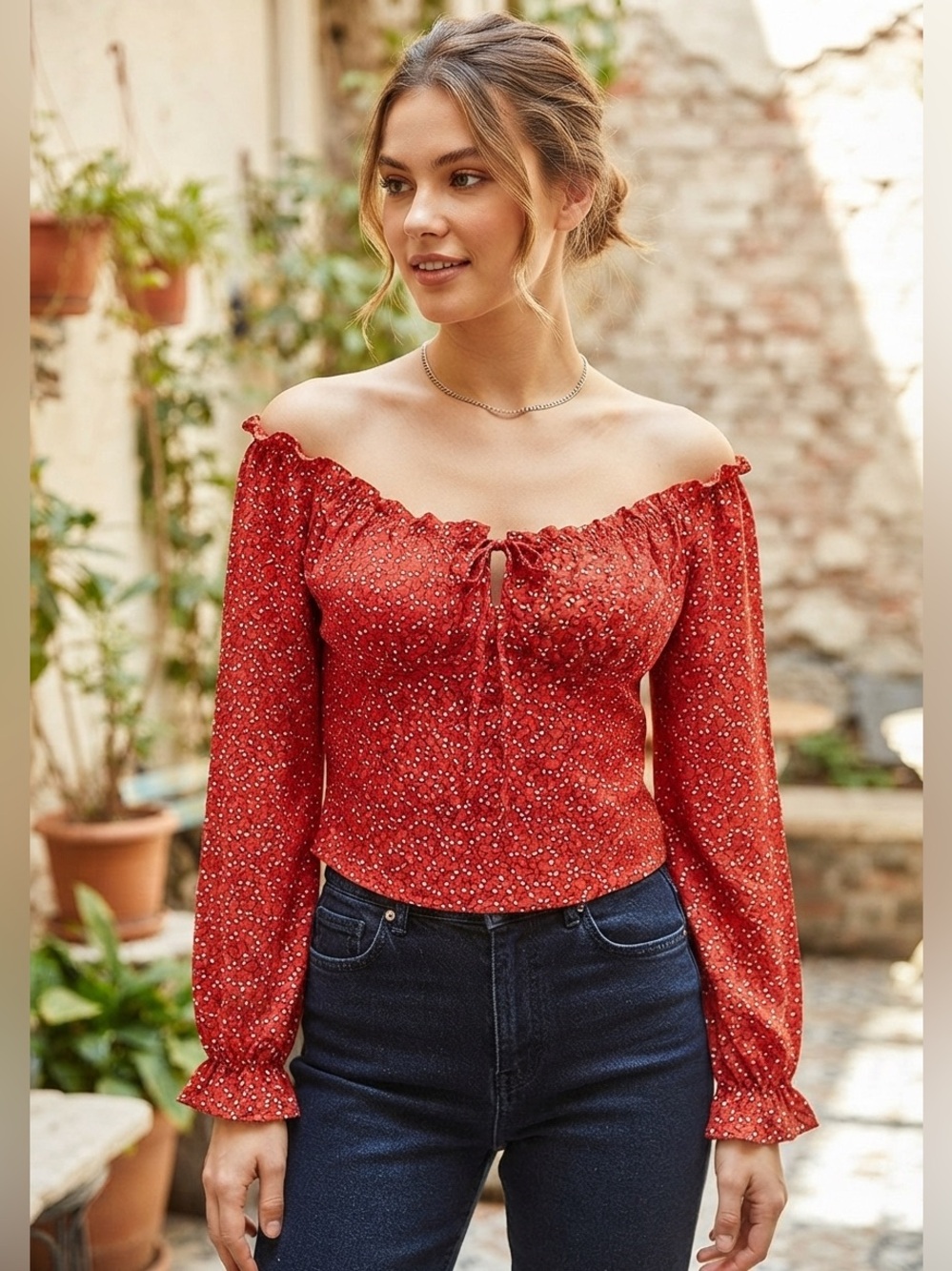 Blush Red Floral Off-Shoulder Smocked Blouse